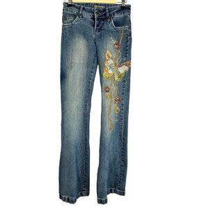 Vintage Floral Flare Denim Jeans 3 Blue Butterfly Boho Indie Folk Hippie Y2K 80s